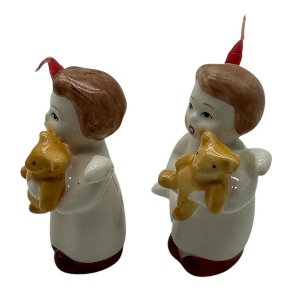 2 Vintage Goebel‎ Christmas Candle Holders Angel w/ Teddy Bear 2.5